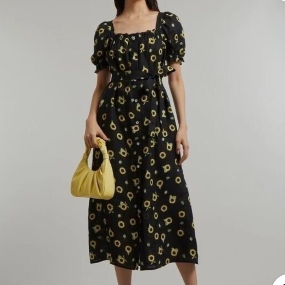 EUC SLEEPER Black Linen Dress with Yellow Daisies Floral Midi Dress Size Small